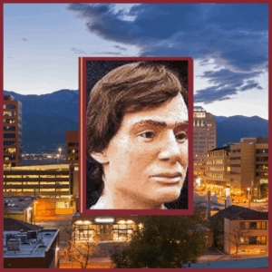 a 1980s clay reconstruction of John Doe is featured in the center, showing a man with dark hair and eyebrows and a strong jawline and full lips. In the background, a cityscape of Colorado Springs is shown.