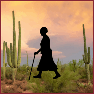 silhouette of a middle aged to elderly woman with a desert sunset in the background.