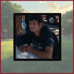 Man with short dark hair, dark eyes, and light facial hair leaning forward on a table outdoors, wearing a dark hooded sweatshirt. This is potentially an image of Charlotte Tent John Doe.