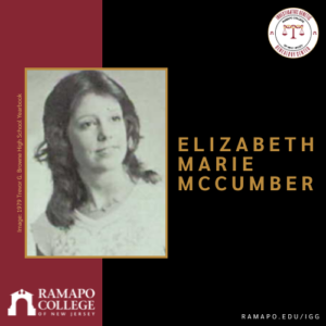Black-and-white yearbook photo of a young woman with long hair wearing a light top. Text reads: Elizabeth Marie McCumber. Logos for Ramapo College of New Jersey and the IGG Center are also present.