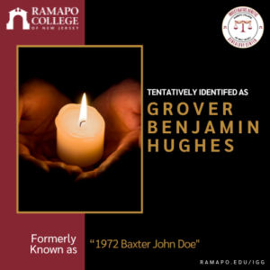 image of a lit candle. Gold and white text states, "tentatively identified as Grover Benjamin Hughes". Formerly known as "1972 Baxter John Doe"