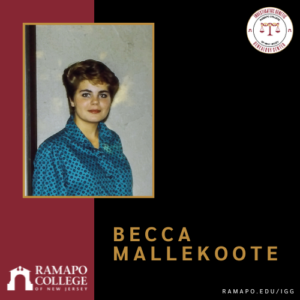 A woman with short, styled hair wearing a teal polka dot blouse stands in front of a light-colored wall. Text reads Becca Mallekoote and Ramapo College of New Jersey. Ramapo College logos appear in two corners.