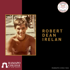A vintage photo of a smiling, shirtless young man outdoors. Text reads Robert Dean Irelan. Ramapo College of New Jersey and its logo appear at the bottom left, with another logo in the top right.