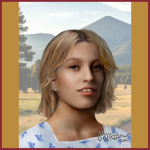 A digital portrait of a young person with short blonde hair, wearing a white top with blue patterns, set against a scenic background of mountains, trees, and open fields, with a signature of Carl Koppelman in the bottom right corner.