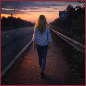 A woman with long blonde hair, wearing a light blue patterned shirt and jeans, walks alone on a road at sunset near a highway sign for route 40. Trees and a dramatic sky are visible in the background.