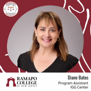 A woman with shoulder-length light brown hair and bangs, smiling, wears a black top. Text reads: Diane Bates, Program Assistant, IGG Center, Ramapo College of New Jersey with respective logos and a maroon abstract background.