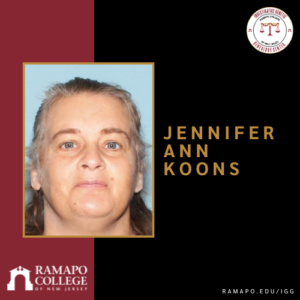 Headshot of a woman with light skin and grayish hair. Text reads “Jennifer Ann Koons.” Ramapo College of New Jersey logo and the website ramapo.edu/igg appear in the bottom left and right corners.
