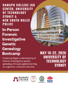 Poster for an in-person Forensic Investigative Genetic Genealogy Bootcamp, May 18-22, 2026 at University of Technology Sydney, with partner logos and an image of a modern building.