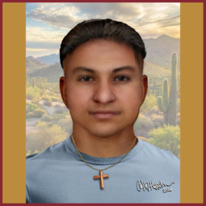 A digital portrait of a young man with short brown hair, wearing a blue shirt and a gold cross necklace, set against a desert landscape with cacti and mountains under a partly cloudy sky. He wears a wooden cross necklace.