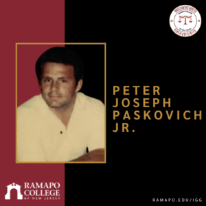 A sepia-toned portrait of Peter Joseph Paskovich Jr. is centered on a dark background with maroon accents. Text displays his name and the Ramapo College of New Jersey logo appears at the bottom left.