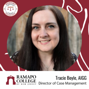 A woman with long brown hair smiles at the camera. Text reads: “RAMAPO COLLEGE OF NEW JERSEY, Tracie Boyle, AIGG, Director of Case Management.” Circular logo and abstract background elements are also shown.
