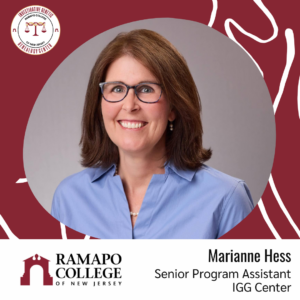 A woman with shoulder-length brown hair and glasses, wearing a light blue blouse, smiles in a professional headshot. The image includes the Ramapo College logo and text naming her as Marianne Hess, Senior Program Assistant, IGG Center.