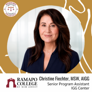 Professional headshot of a woman with long brown hair wearing a navy blue blouse, set against a light background. Ramapo College of New Jersey and Christine Fiechter, Senior Program Assistant, IGG Center, text overlays.