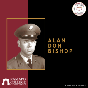 Black-and-white photo of a man in military uniform. Text reads Alan Don Bishop. Ramapo College of New Jersey and logo appear. Website: ramapo.edu/igg. Background is maroon and beige.