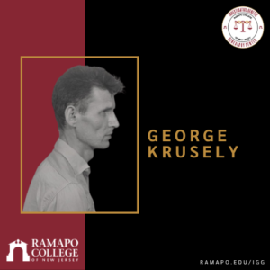 A grayscale side profile of a man on a maroon and black background, with GEORGE KRUSELY, Ramapo College logo, and text reading RAMAPO.EDU/IGG..