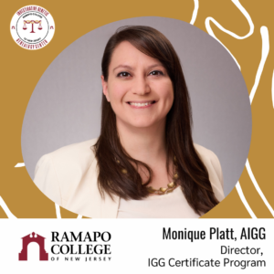 Professional woman with long brown hair smiles in a beige blazer. Text reads: Monique Platt, AIGG, Director, IGG Certificate Program, Ramapo College of New Jersey. Investigative Genetic Genealogy logo at top left.