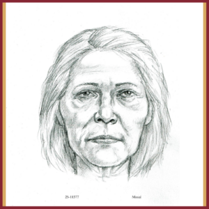 A pencil sketch of an older woman with shoulder-length hair, neutral expression, and visible facial lines, shown from the front against a plain background.