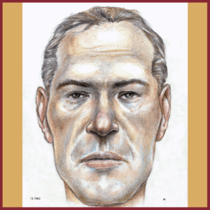 A detailed pencil sketch of a middle-aged man with short hair, strong jawline, and neutral expression, framed by a maroon and gold border.