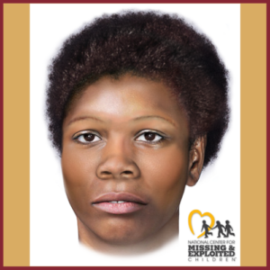 Digital age progression of a young woman with short curly hair and bare eyebrows. The image includes the National Center for Missing & Exploited Children logo in the bottom right corner.