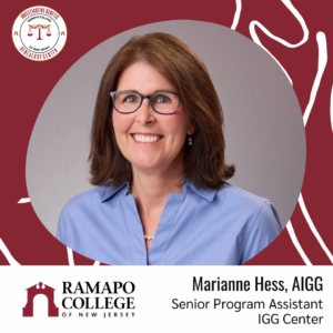 A woman with shoulder-length brown hair and glasses smiles. Text reads: Ramapo College of New Jersey. Marianne Hess, AIGG, Senior Program Assistant, IGG Center. Logos and graphics decorate the image.