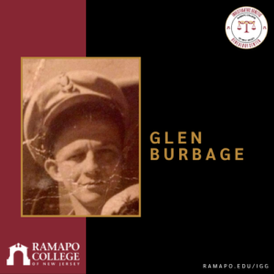 A sepia photo of Glen Burbage in a military uniform is featured. Text includes Glen Burbage, Ramapo College logo, and ramapo.edu/igg on a maroon and black background.