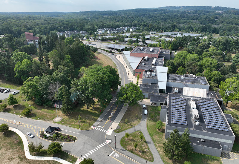 Aerial view of the Bradley Center and parking lots at Ramapo College
