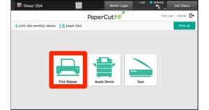 Screen capture of Papercut \ Sharp interface, with Print Release button highlighted.