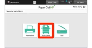 Screen capture of Papercut screen on Sharp printer, highlighting Access Features button.