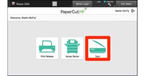 Screen capture of Papercut on Sharp printer, highlighting Scan button.