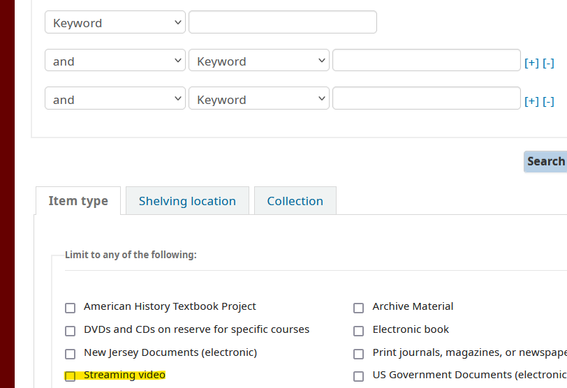 Online Catalog Advanced Search page with the item type Streaming Video highlighted in yellow