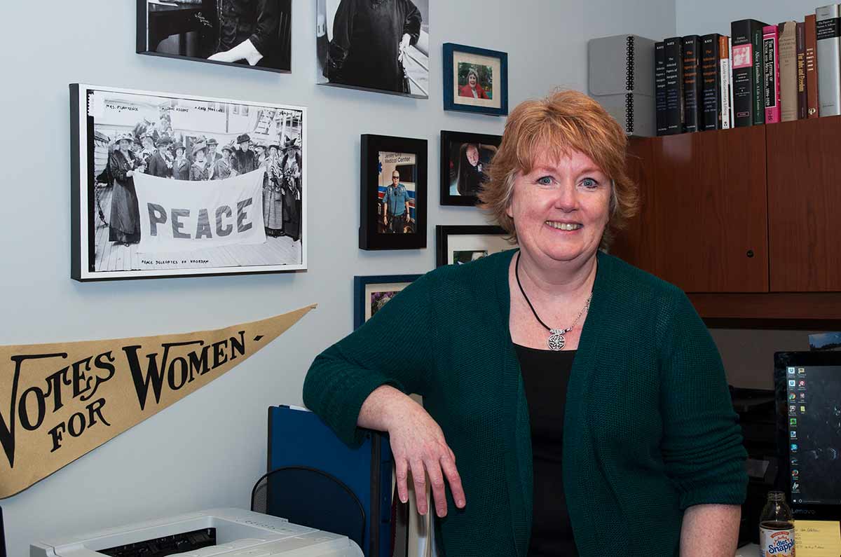 Hajo-Cathy Cathy Hajo in the office of the Jane Addams Paper Project includes memorabilia of the period.