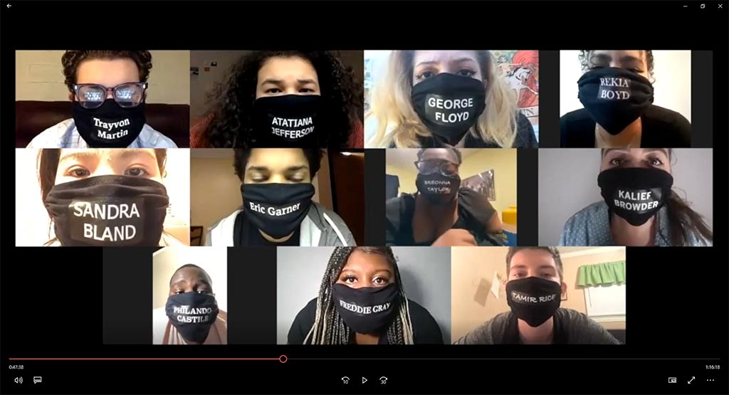 Screen shot of several performers wearing masks with the names of unarmed people of color killed by police