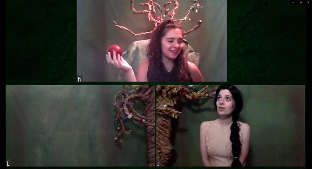 Screen shot of three actors performing