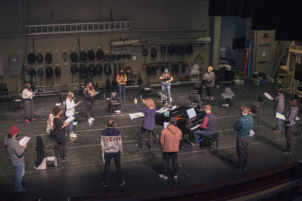 CantaNOVA singers rehearsing in the Berrie Center stage and rehearsal room