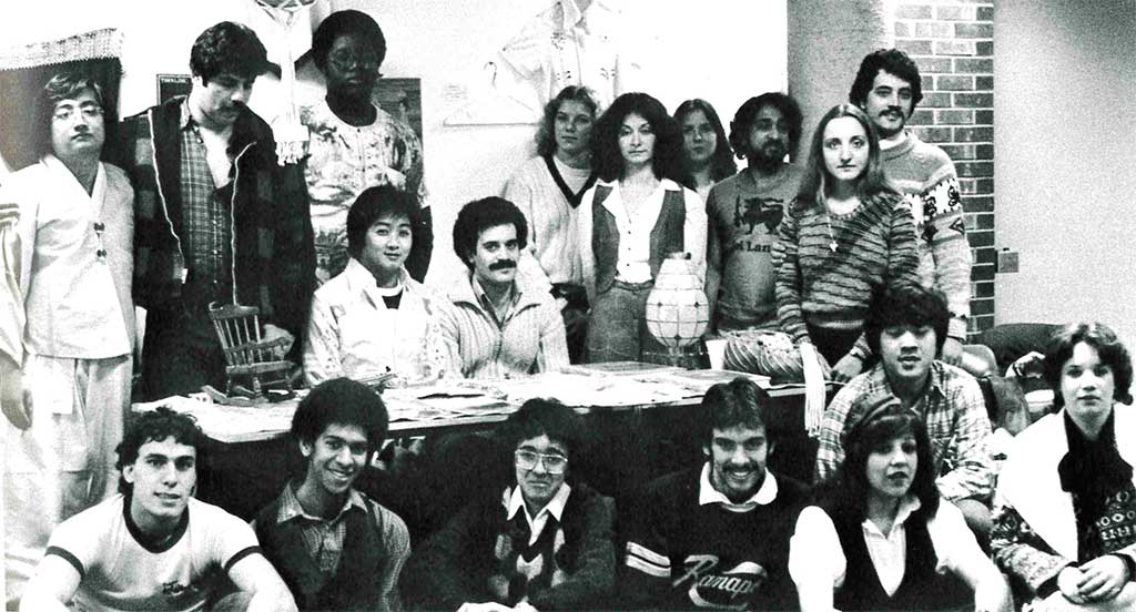 Black and white image of the International Students Organization club in 1982