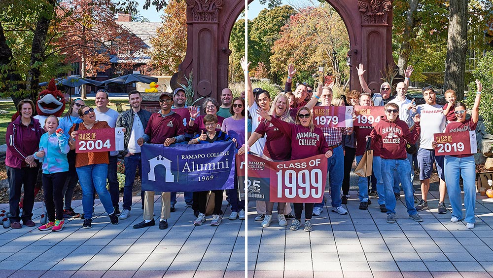 spot-the-difference_fall2025-home Spot the difference picture of Ramapo College Alumni in front of the arch