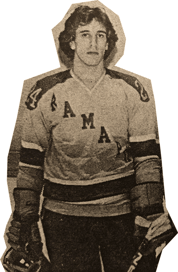 Old newspaper cut out of Ed Chapel wearing a Ramapo College hockey uniform
