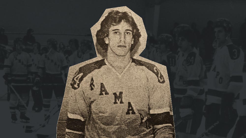 Old newspaper cut out of Ed Chapel wearing a Ramapo College hockey uniform