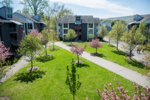 The Village Residences during a sunny spring day. These are little apartment buildings as residence options for Ramapo College students.