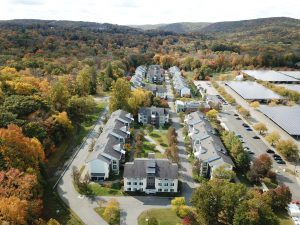 Aerial view of The Village, apartment-style living for students at Ramapo College.