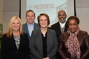Pictured from left to right: Kristine Denning ’90, Peter Seminara ’00, President Jebb, Keith Dawkins ’94, Alison Banks-Moore ’77