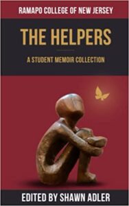 Maroon and black cover of the book The Helpers showing a wooden statue hugging its knees looking up to a golden butterfly