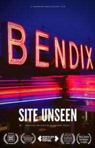 Bendix Diner neon sign on the documentary poster for the short film Bendix: Site Unseen.