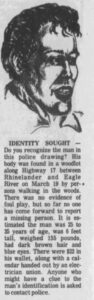 Newspaper clipping announcing missing person with artist's sketch of "Rhinelander John Doe" missing