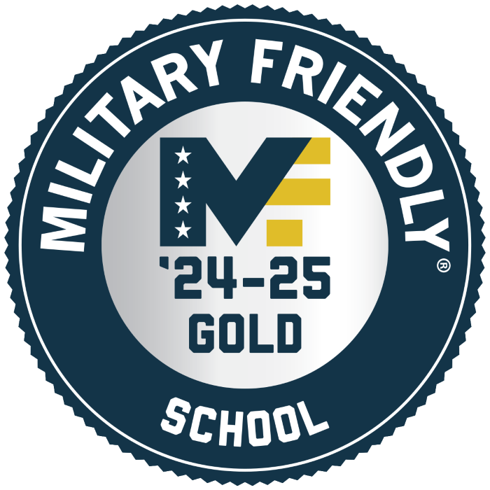 Round emblem that says Military Friendly School around the outermost ring and '24-25 gold in the center with the Military Friendly logo.