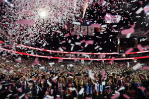 Confetti rains down on the Class of 2025 during their Undergraduate Commencement Ceremony at the Prudential Center.