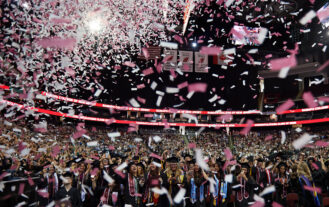Confetti rains down on the Class of 2025 during their Undergraduate Commencement Ceremony at the Prudential Center.