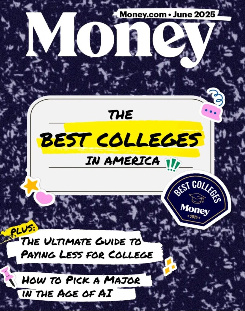 Money Magazine cover that looks like a marbled composition notebook with handwritten font "The Best Colleges in America"