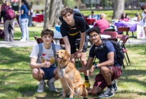 Three male students pet a golden retriever.