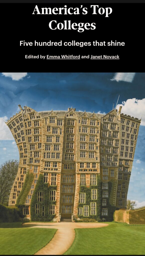 The Forbes magazine cover shows an abstract version of a college building, curved on the sides and windows askew. A blue sky with white clouds is in the background with a sandy walkway flanked by green grass that leads to the building.